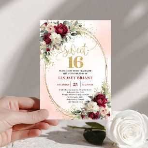 Invitaciones de cumpleaños 16 Glam Boho Merlot Gol