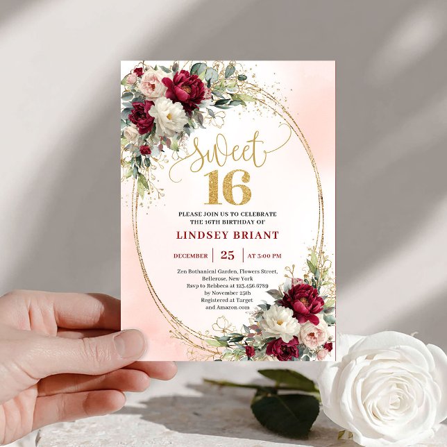 Invitaciones de cumpleaños 16 Glam Boho Merlot Gol (Glam Boho Merlot Gold Floral 16th Birthday Invitation)