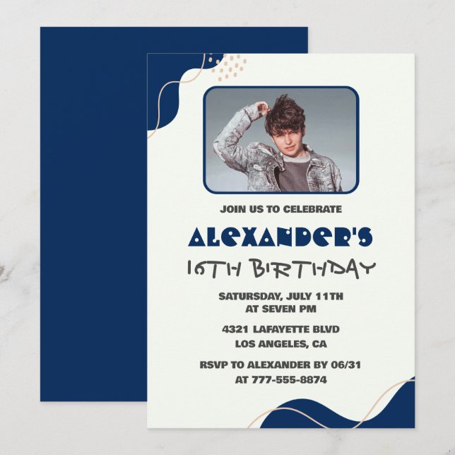 invitaciones de cumpleaños 16 hombres azul marino  (Anverso / Reverso)