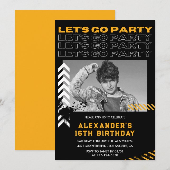 Invitaciones de cumpleaños 16 negras para hombres  (Anverso / Reverso)