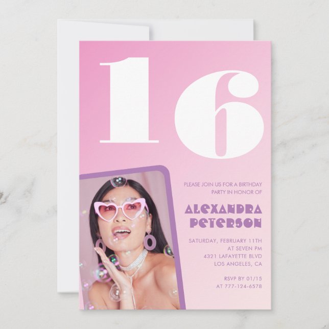 Invitaciones de cumpleaños 16 rosadas Retro Foto (Anverso)