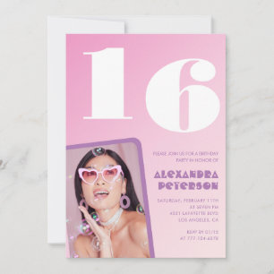 Invitaciones de cumpleaños 16 rosadas Retro Foto