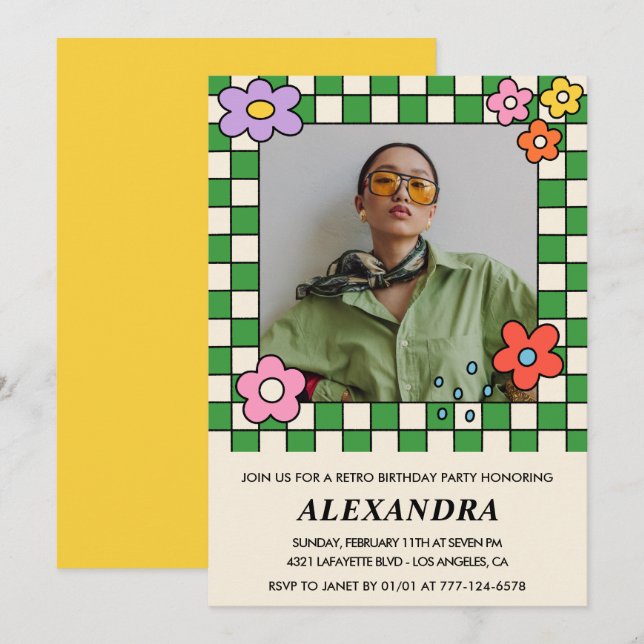 invitaciones de cumpleaños 17 Retro Flores Groovy (Anverso / Reverso)