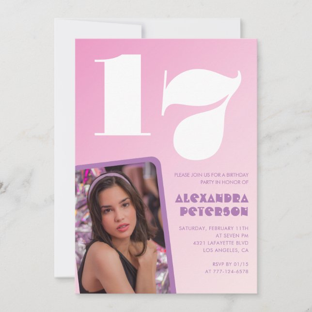 Invitaciones de cumpleaños 17 rosadas Foto Retro (Anverso)