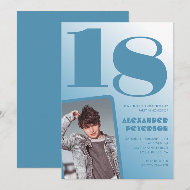 Invitaciones de cumpleaños 18 con gradiente azul N (Anverso / Reverso)