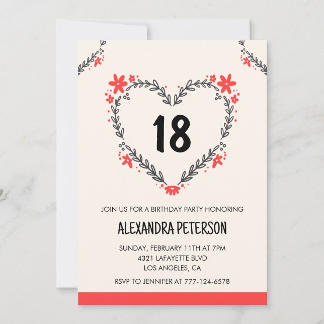 invitaciones de cumpleaños 18 para ella floral cor (Anverso)