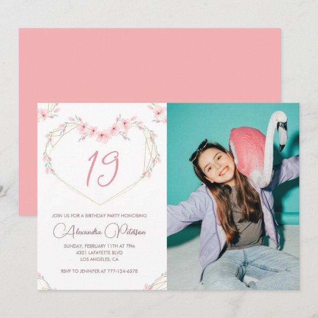 invitaciones de cumpleaños 19 Boho Floral Foto (Anverso / Reverso)