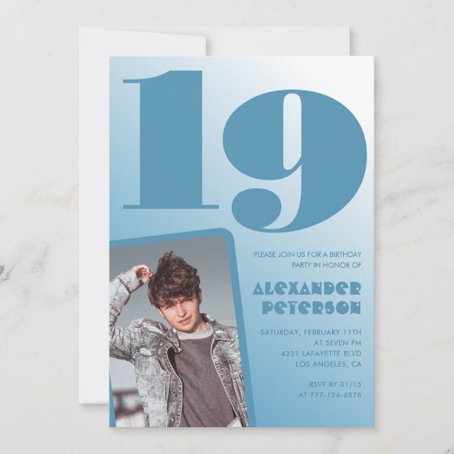 Invitaciones de cumpleaños 19 con gradiente azul N (Anverso)