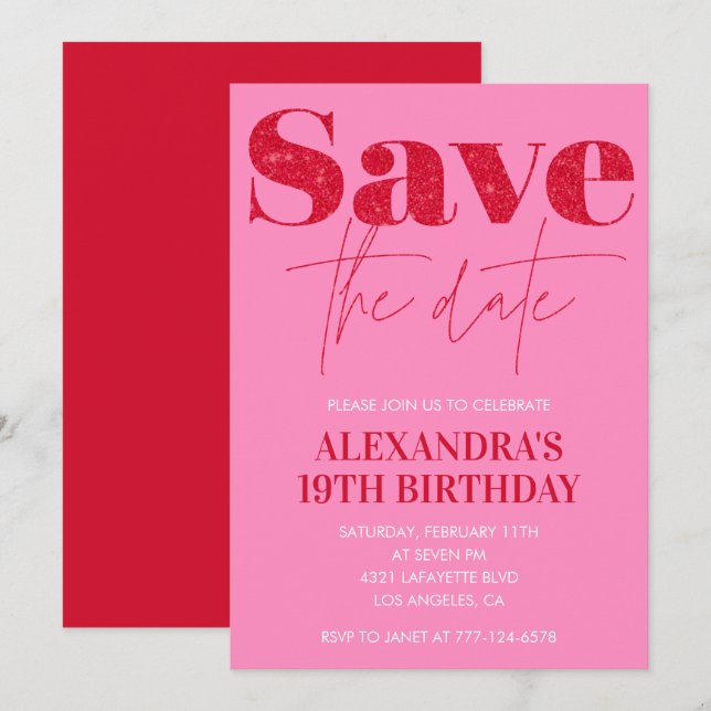 Invitaciones de cumpleaños 19 rosadas Guarden la f (Anverso / Reverso)