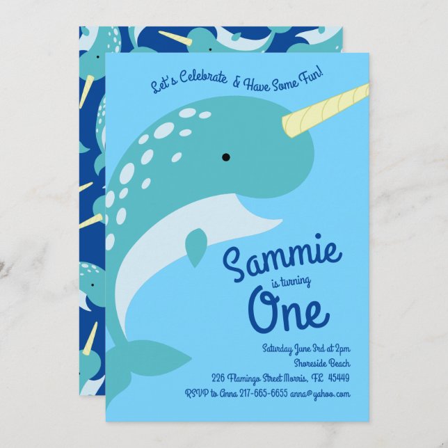 Invitaciones de cumpleaños 1 de Narwhals Ocean (Anverso / Reverso)