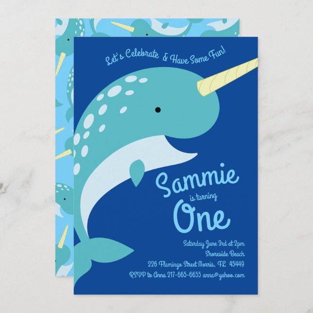 Invitaciones de cumpleaños 1 de Narwhals Ocean (Anverso / Reverso)