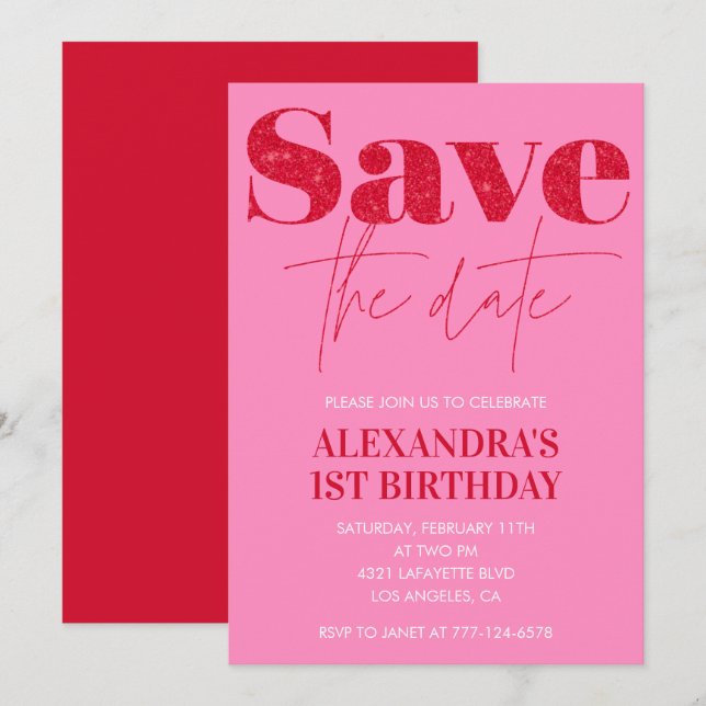 Invitaciones de cumpleaños 1er año Rosa Save the d (Anverso / Reverso)