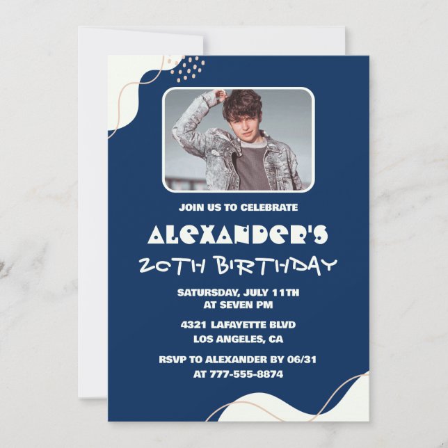 invitaciones de cumpleaños 20 hombres foto simple  (Anverso)