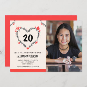 Invitaciones de cumpleaños 20 para su Corazón Flor