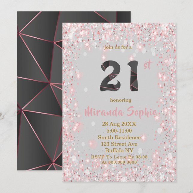 Invitaciones de cumpleaños 21ª Purpurina Rosa de O (Anverso / Reverso)