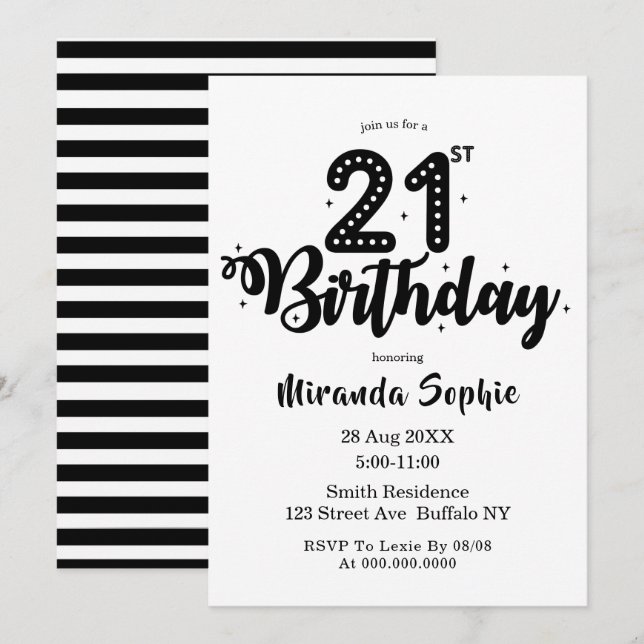 Invitaciones de cumpleaños 21º blanco y negro (Anverso / Reverso)