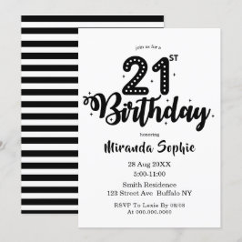 Invitaciones de cumpleaños 21º blanco y negro