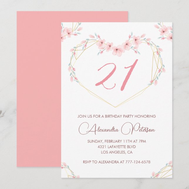 invitaciones de cumpleaños 21 Boho Floral Elegante (Anverso / Reverso)