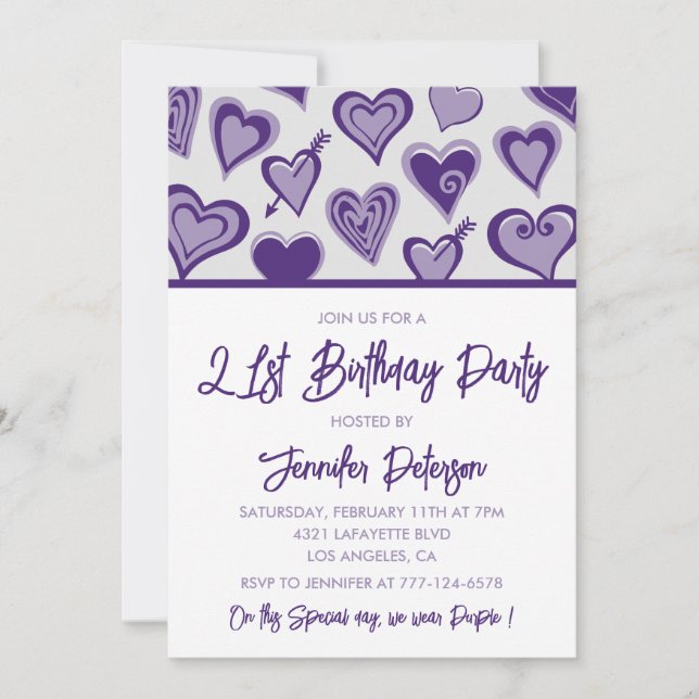 invitaciones de cumpleaños 21 Corazones Purpura (Anverso)