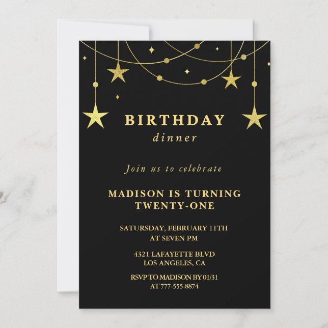 invitaciones de cumpleaños 21 estrellas negras y d (Anverso)