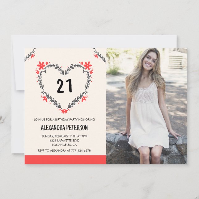 invitaciones de cumpleaños 21 florales corazón (Anverso)