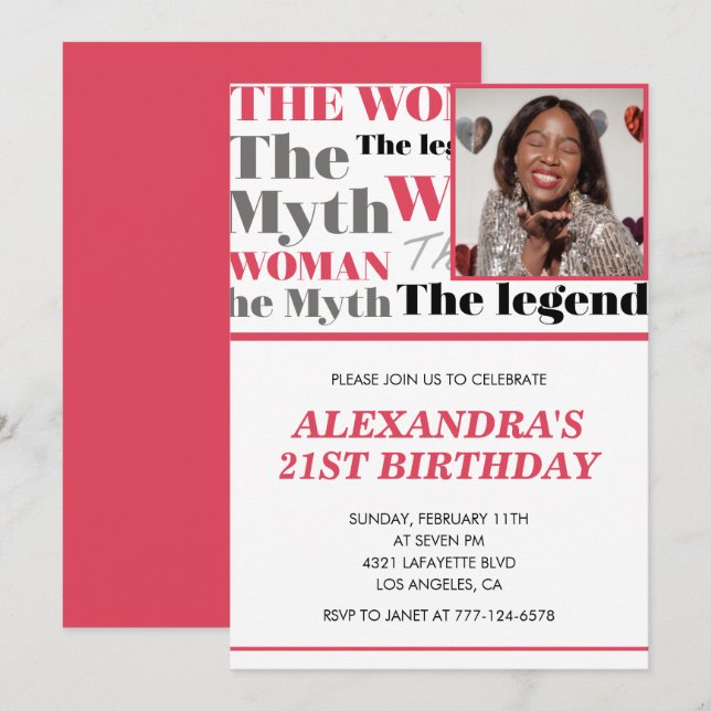 invitaciones de cumpleaños 21 Foto Mujer Mito Leye (Anverso / Reverso)
