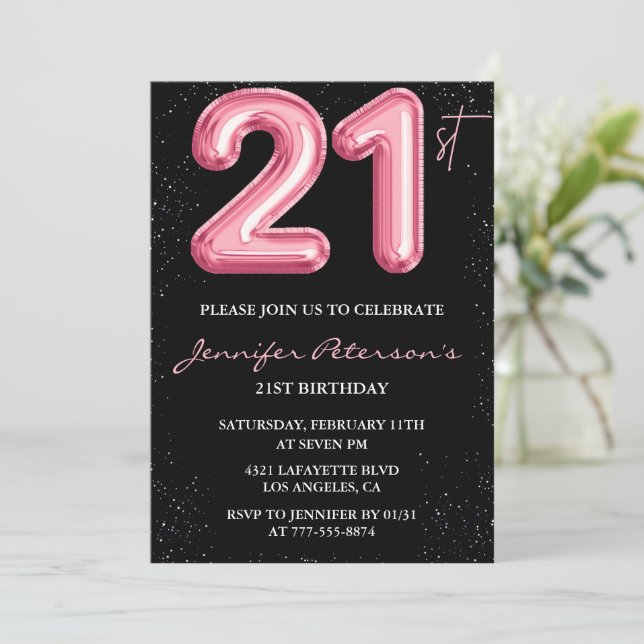 invitaciones de cumpleaños 21 Glam globo rosa Negr (Anverso de pie)