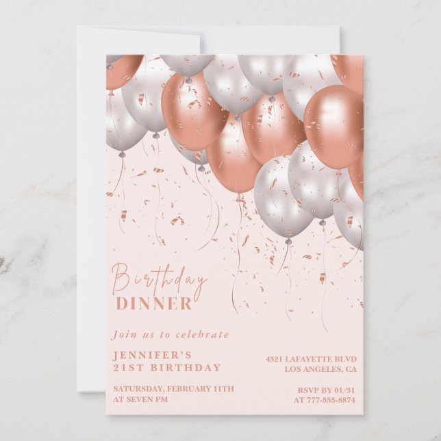 invitaciones de cumpleaños 21 Globo Glam Rosa Dora (Anverso)