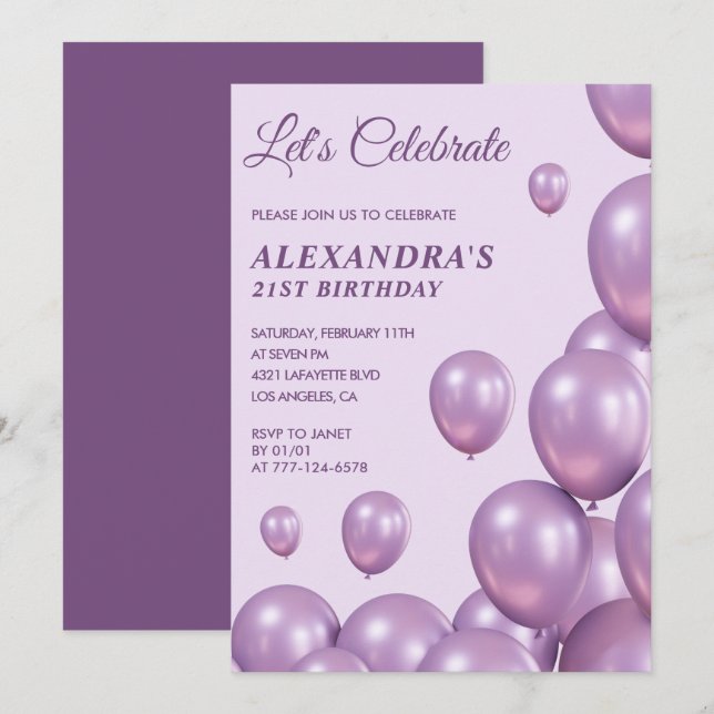 invitaciones de cumpleaños 21 globos Morado (Anverso / Reverso)