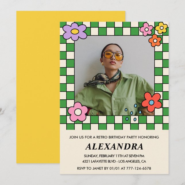 invitaciones de cumpleaños 21 Retro Flores Groovy (Anverso / Reverso)