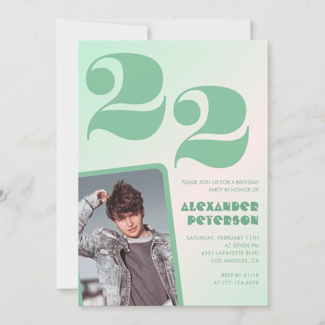 Invitaciones de cumpleaños 22 con gradiente verde  (Anverso)