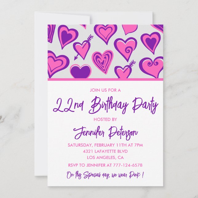 invitaciones de cumpleaños 22 Glam Pink Heart (Anverso)