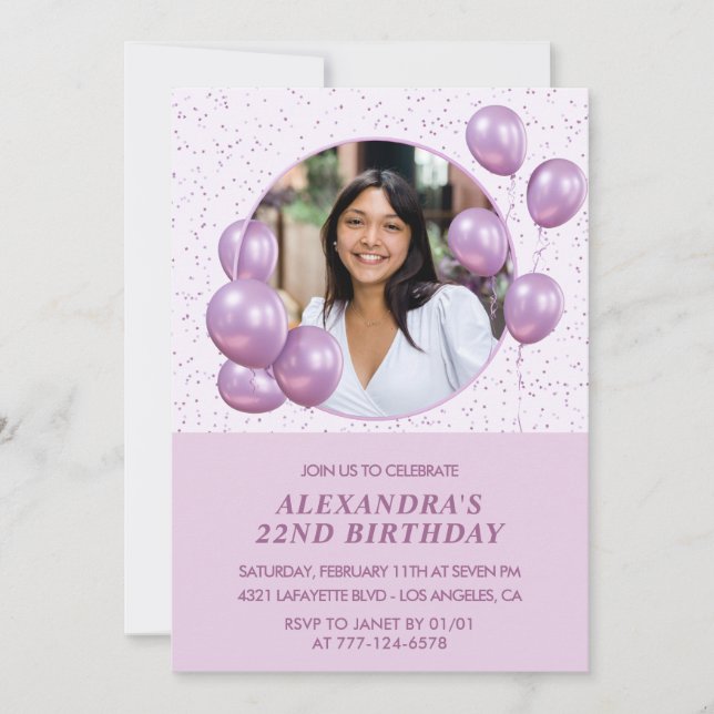invitaciones de cumpleaños 22 globos foto púrpura (Anverso)