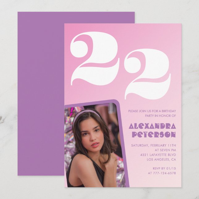 Invitaciones de cumpleaños 22 Pink Retro Foto (Anverso / Reverso)
