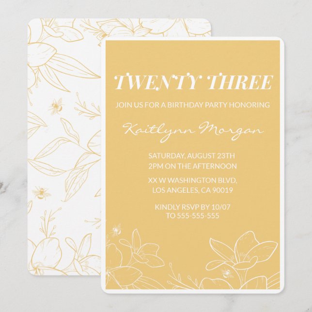 Invitaciones de cumpleaños 23 modernas Floral Amar (Anverso / Reverso)