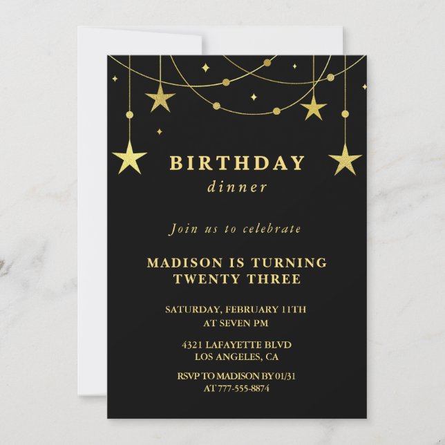 Invitaciones de cumpleaños 23 negras Estrellas dor (Anverso)