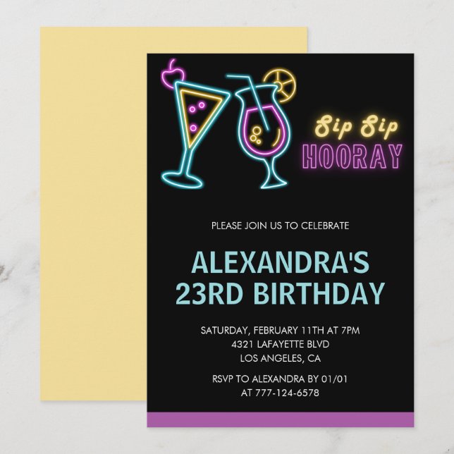 Invitaciones de cumpleaños 23 para Cóctel Neon Glo (Anverso / Reverso)