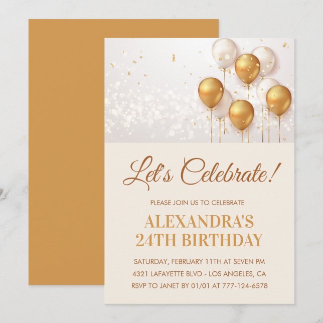 invitaciones de cumpleaños 24 años Globos Dorados (Anverso / Reverso)