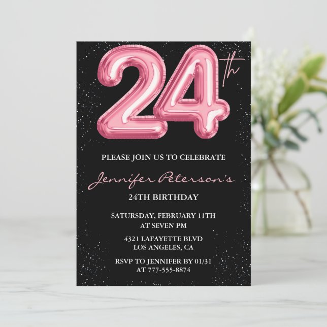 invitaciones de cumpleaños 24 Pink Balloon Glam Bl (Anverso de pie)
