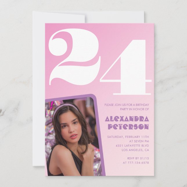 Invitaciones de cumpleaños 24 Pink Retro Foto (Anverso)