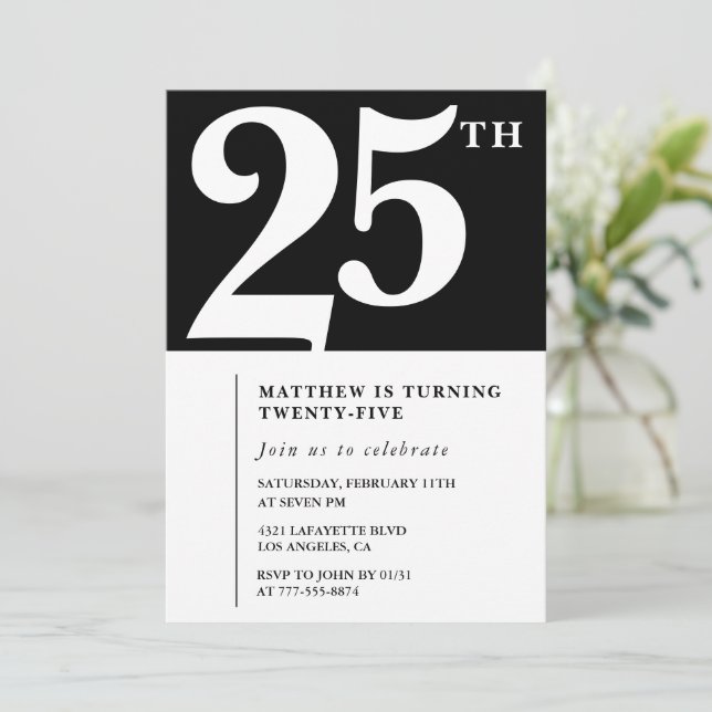 invitaciones de cumpleaños 25 Black White Elegante (Anverso de pie)
