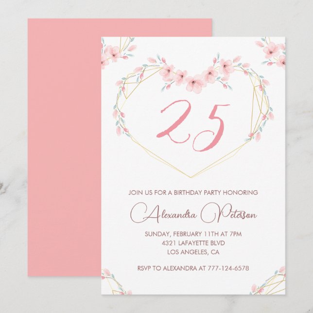 invitaciones de cumpleaños 25 Boho Floral Elegante (Anverso / Reverso)