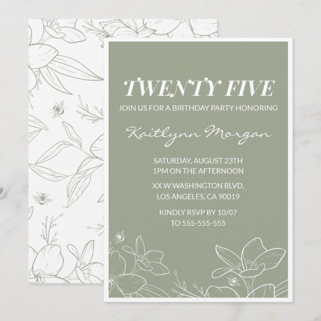 invitaciones de cumpleaños 25 Elegante Floral (Anverso / Reverso)