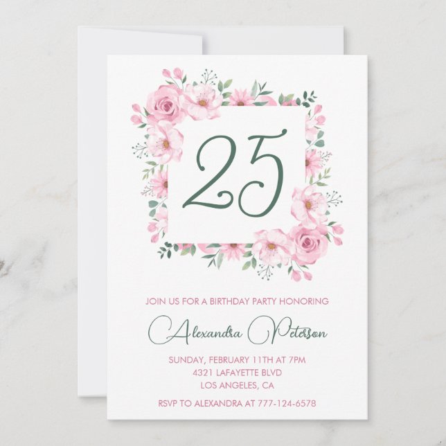 invitaciones de cumpleaños 25 Floral Elegante Rosa (Anverso)