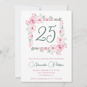 invitaciones de cumpleaños 25 Floral Elegante Rosa