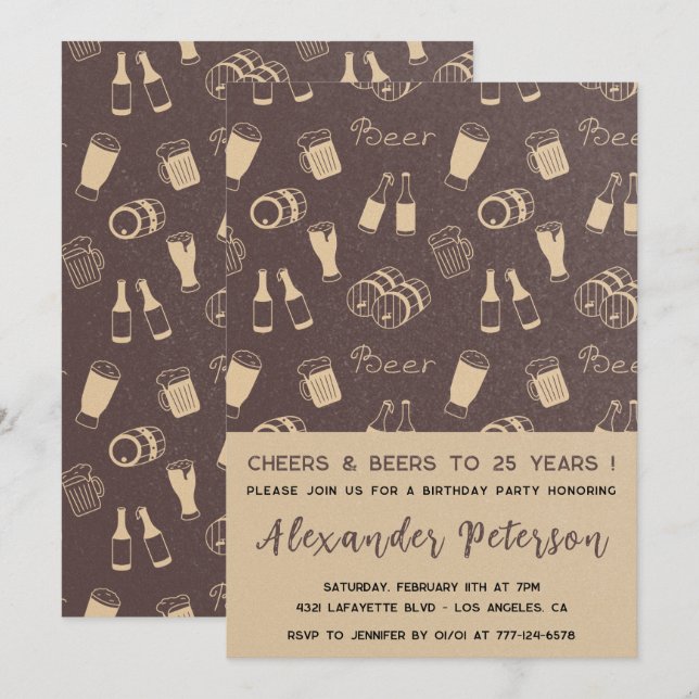 invitaciones de cumpleaños 25 hombre patrón de cer (Anverso / Reverso)