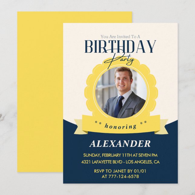 invitaciones de cumpleaños 25 hombres insignia fot (Anverso / Reverso)