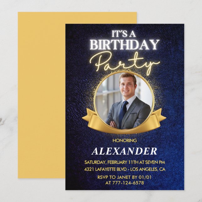 invitaciones de cumpleaños 25 hombres insignia fot (Anverso / Reverso)