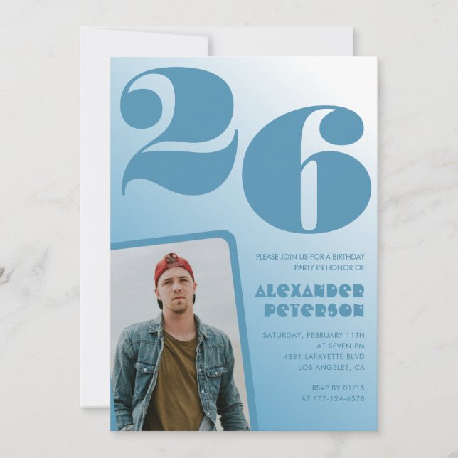 Invitaciones de cumpleaños 26 con gradiente azul N (Anverso)