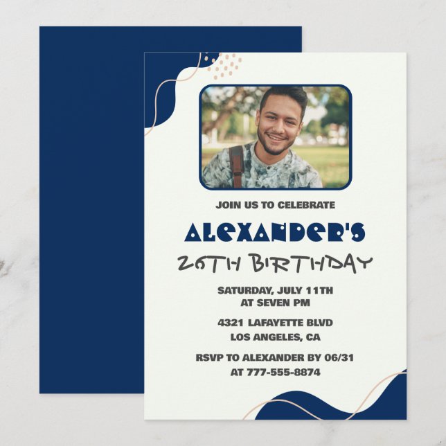 invitaciones de cumpleaños 26 hombres Navy Simple  (Anverso / Reverso)